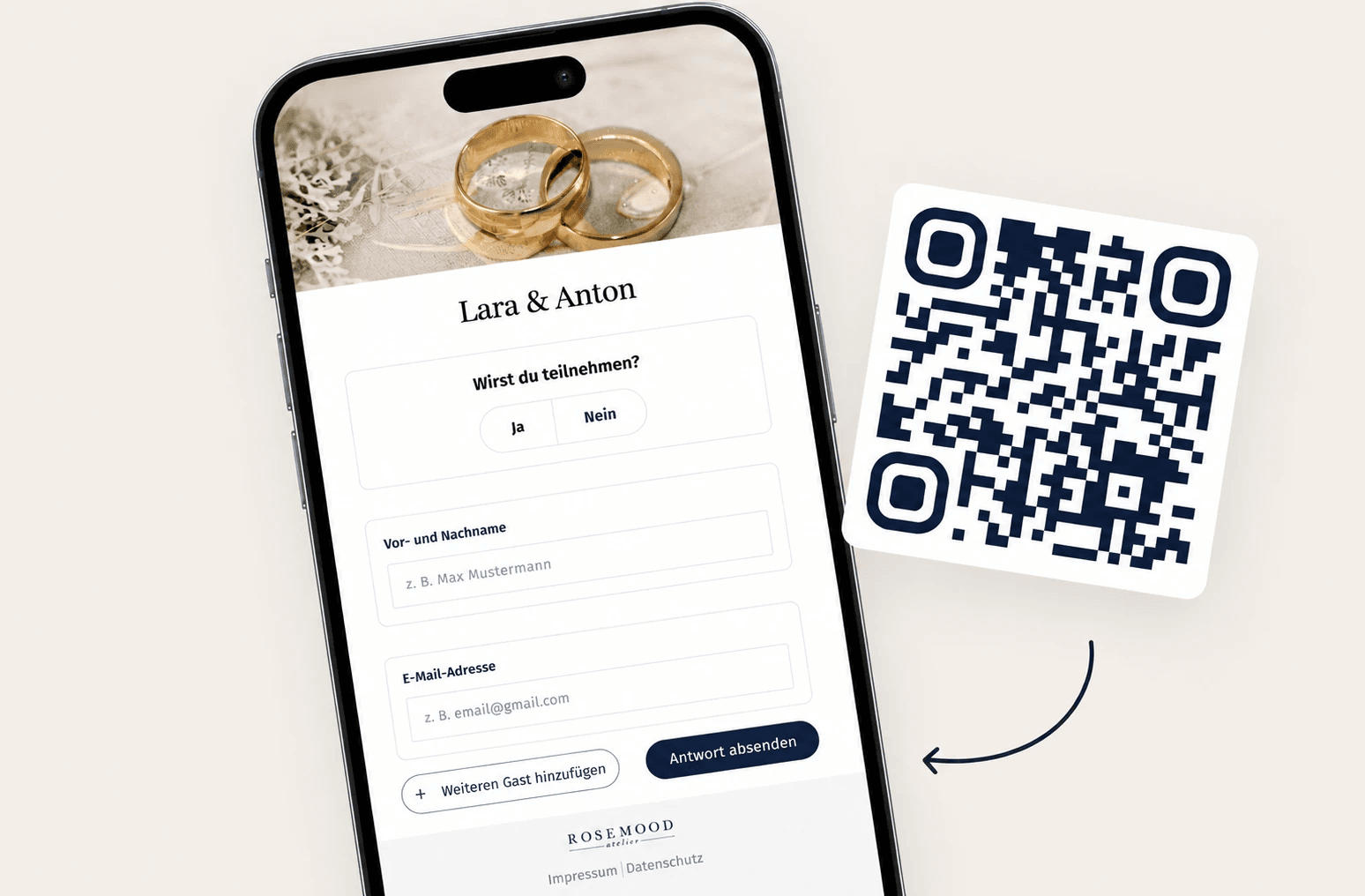 Rosemood Eventseite auf dem Smartphone – Zusagen online per QR-Code