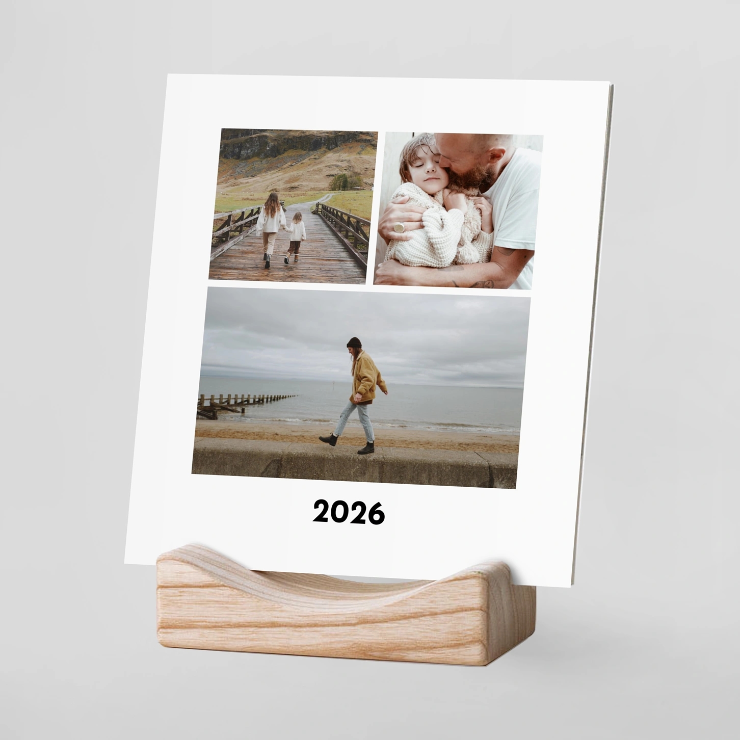 Tischkalender mit Holzfuß Fotostreifen