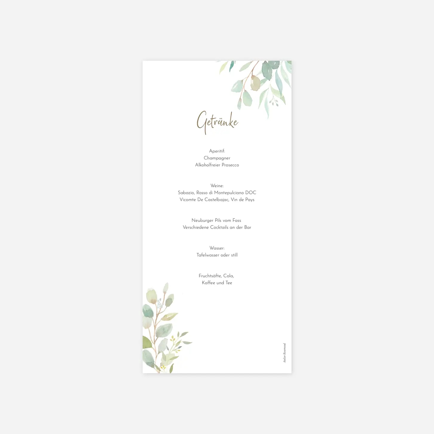 Menükarte Hochzeit Tender Leaves