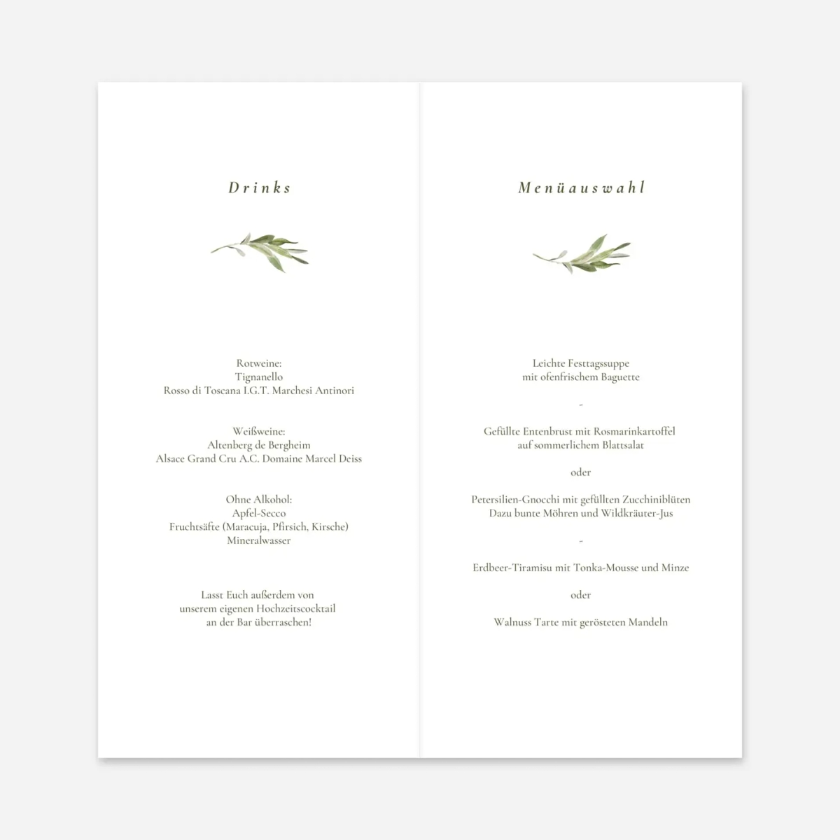 Menükarte Hochzeit Unter den Olivenbäumen