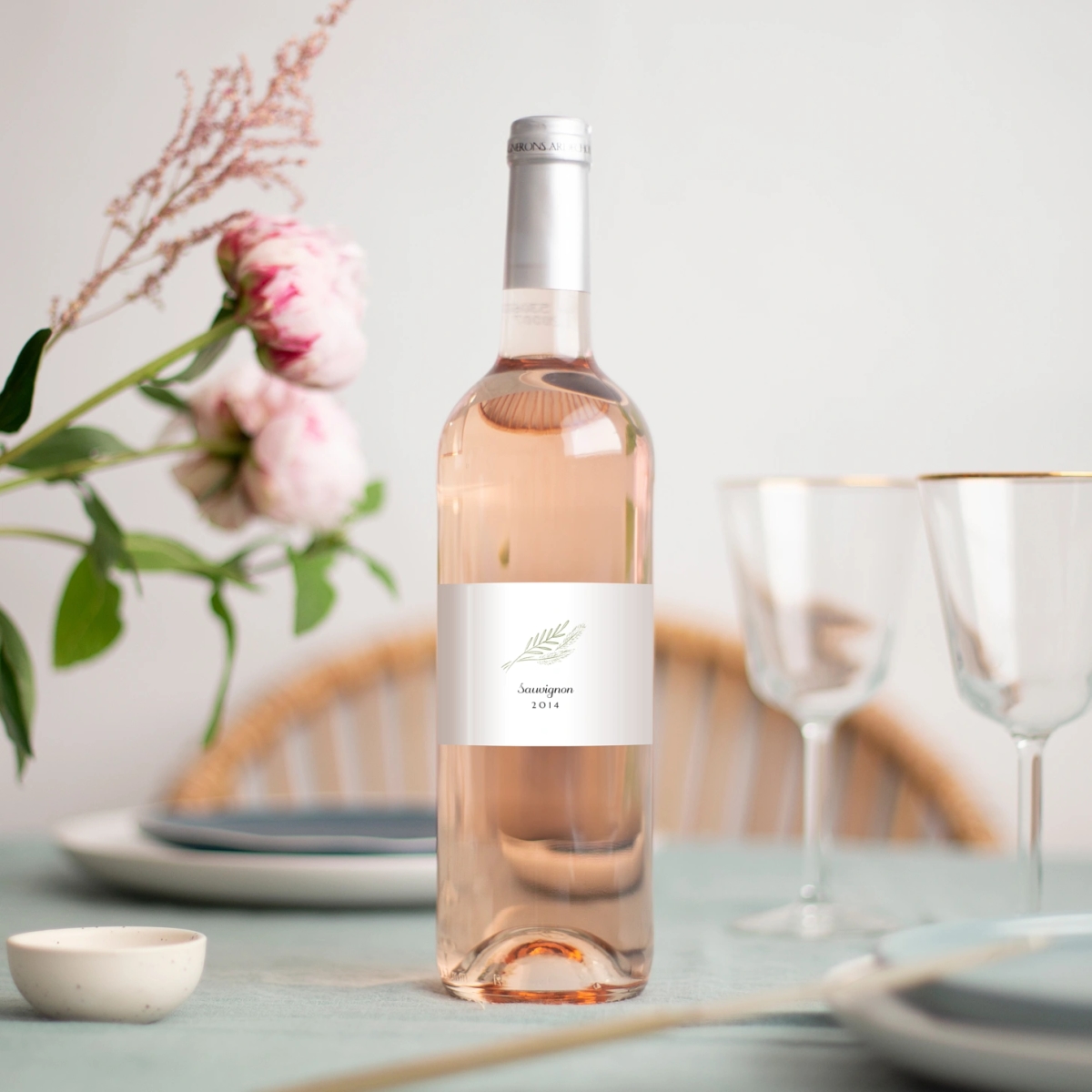 Flaschenetikett Hochzeit Zartes Laubwerk