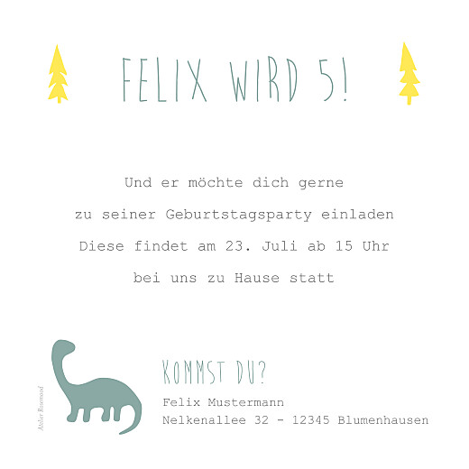 Einladungskarten Kindergeburtstag Dino Gruen & Gelb - Rückseite