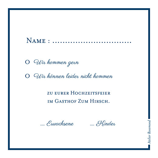 Antwortkarte Hochzeit Carré chic Blau - Rückseite