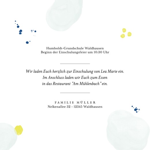 Einladung Einschulung Pastell Tupfer Klappkarte Blau-Gelb - Seite 3