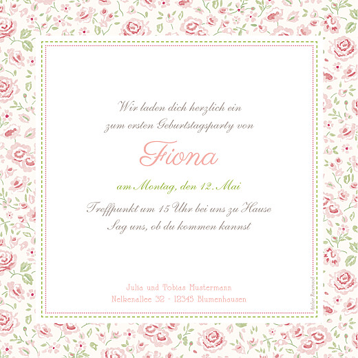 Einladungskarten Kindergeburtstag Rosen Rosa - Rückseite