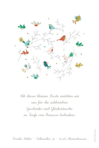 Dankeskarten Bunte Vögel Foto Rosa - Rückseite