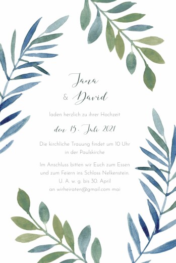Hochzeitseinladungen Zweige Aquarell Blau - Vorderseite
