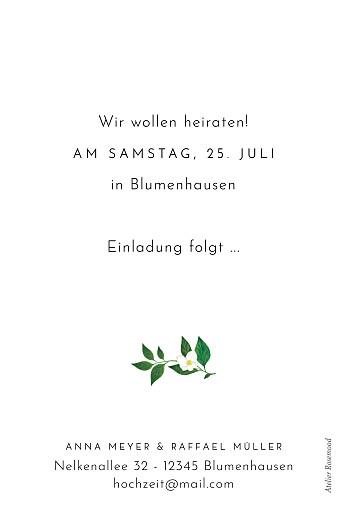 Save-the-Date Karten Blumenbuchstaben Weiß - Rückseite
