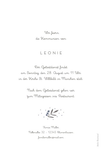 Einladungskarten Kommunion & Konfirmation Kleine Zweige Hoch (Foto) Blau - Rückseite