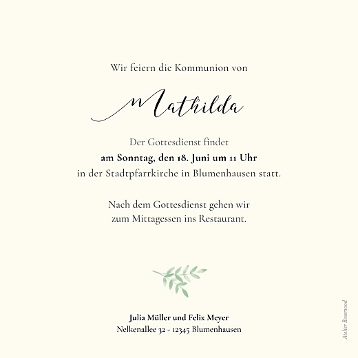 Einladungskarten Kommunion & Konfirmation Fauna Grün - Rückseite