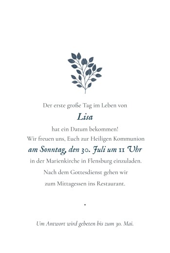 Einladungskarten Kommunion & Konfirmation Blumenornament Blau - Vorderseite