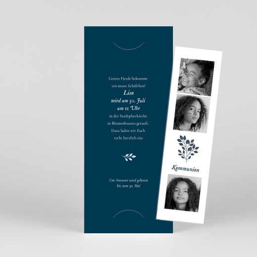 Einladungskarten Kommunion & Konfirmation Blumenornament (Fotostreifen) Blau - Ansicht 1