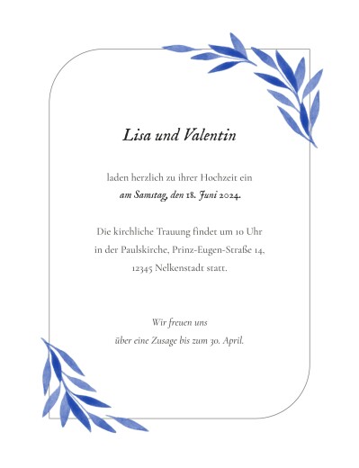 Hochzeitseinladungen Blätteraquarell (hoch) Blau - Vorderseite