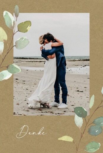 Dankeskarten Hochzeit Eukalyptus Aquarell (Hochformat) Sand - Vorderseite